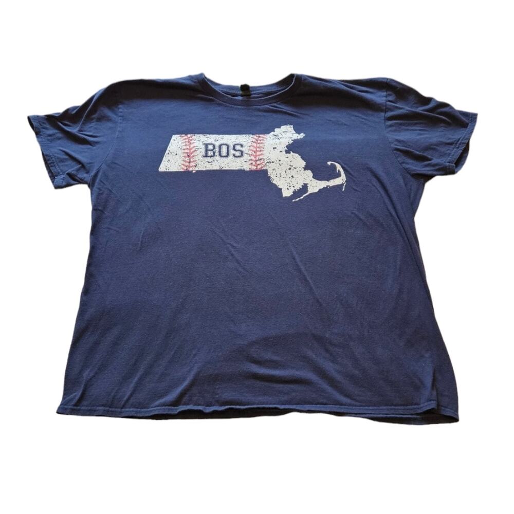 XXL Boston baseball mens blue short sleeved t-shirt, Massachusetts state outline